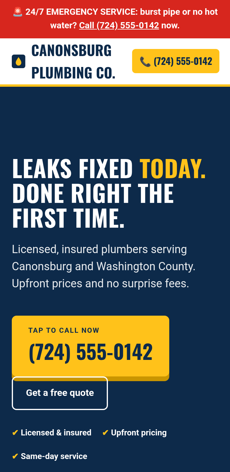 Mobile screenshot of the Canonsburg Plumbing Co. sample homepage